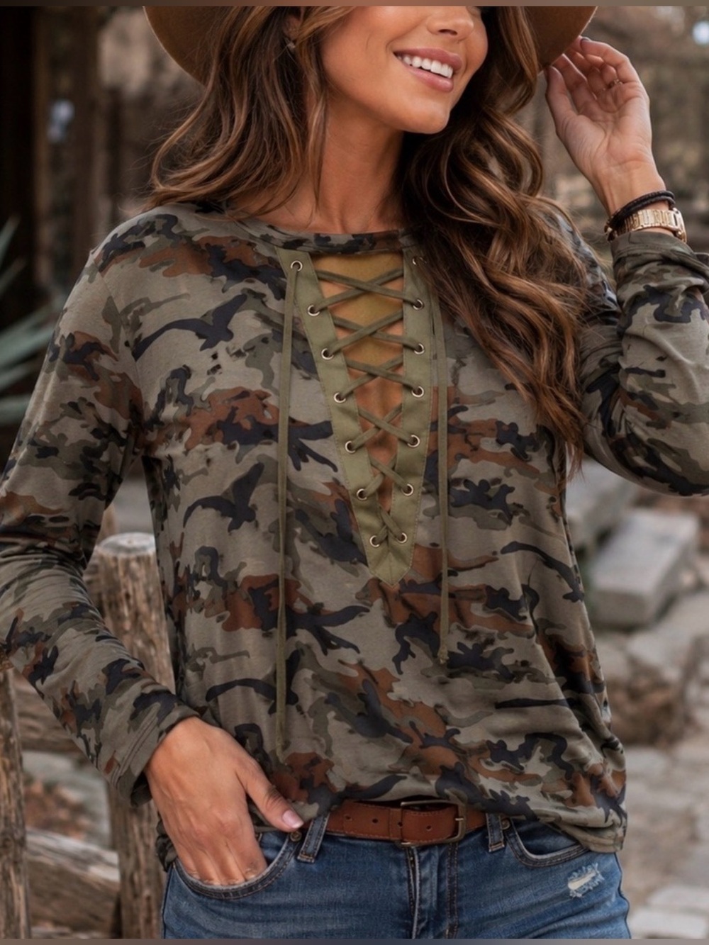 YOINS Olive Green Camo Lace-Up Long Sleeve Tee